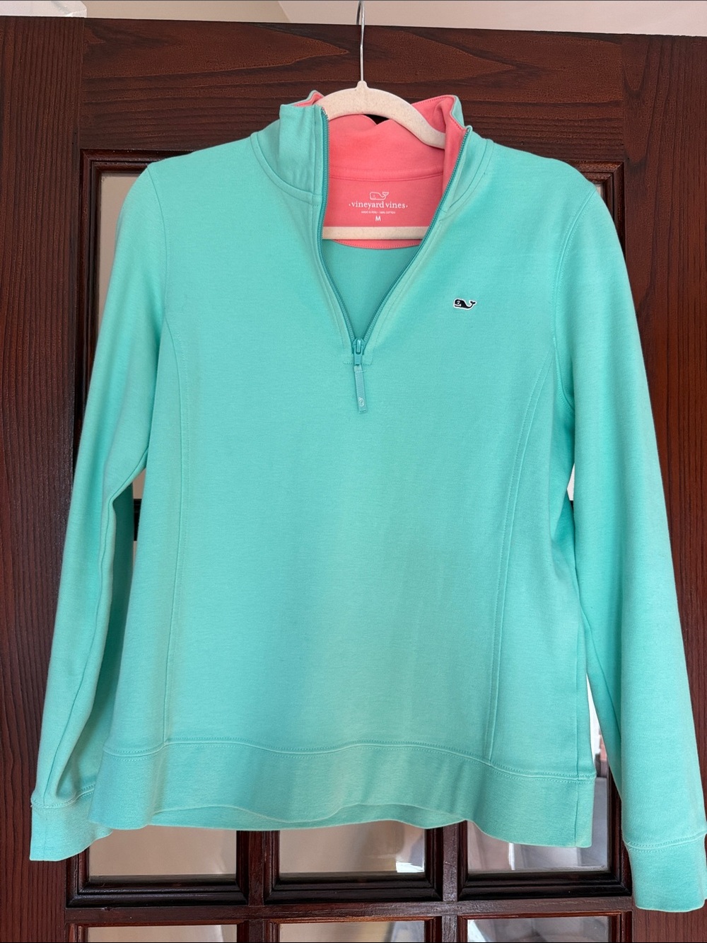 Vineyard Vines Mint Green Quarter-Zip Pullover with Pink Trim
